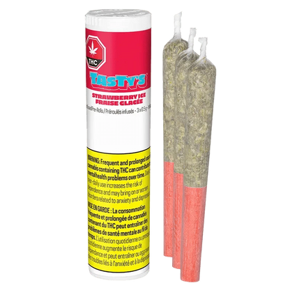 Strawberry Ice Diamond Infused Pre Rolled 3 x 0.5 g package shown in a close-up, angled view with bold text on a dark background.