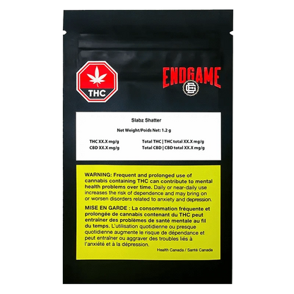 Front view of Endgame Slabz Shatter packaging with bold text and a cannabis leaf against a dark, gradient background.