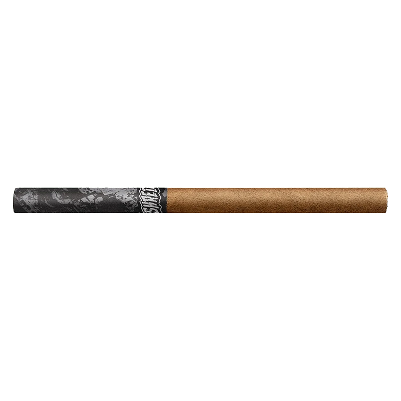 Horizontal close-up of a slim brown roll with a black patterned tip labeled Pineapple Kush Heavy Slims Infused PR 5 x 0.4 g.