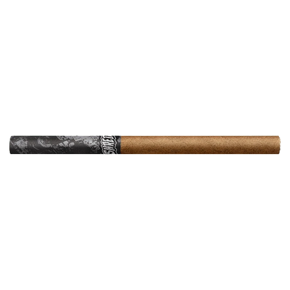 Horizontal close-up of a slim brown roll with a black patterned tip labeled Pineapple Kush Heavy Slims Infused PR 5 x 0.4 g.