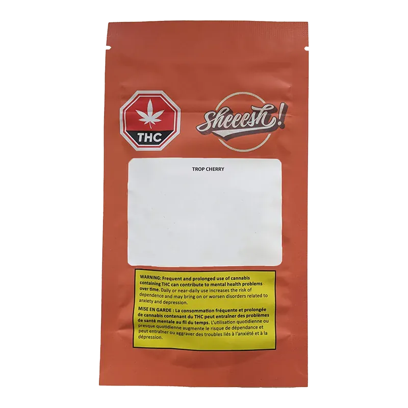 Front-facing shot of the Trop Cherry Infused PR 5 x 0.5 g orange resealable pouch with THC and brand logos and a blank white label.