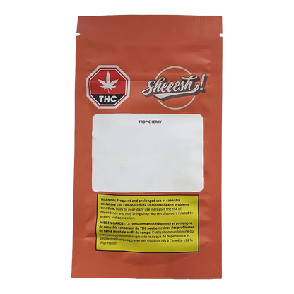 Front-facing shot of the Trop Cherry Infused PR 5 x 0.5 g orange resealable pouch with THC and brand logos and a blank white label.