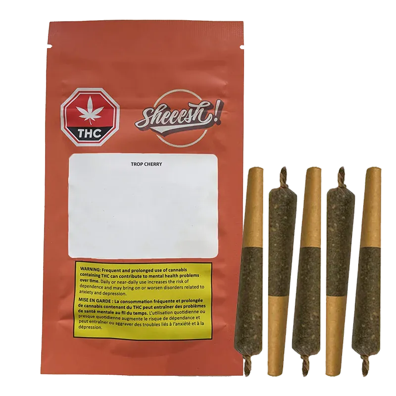 Studio-lit front view of the Trop Cherry Infused PR 5 x 0.5 g pouch with five prerolled joints lined vertically to its right.
