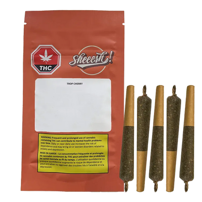 Studio-lit front view of the Trop Cherry Infused PR 5 x 0.5 g pouch with five prerolled joints lined vertically to its right.