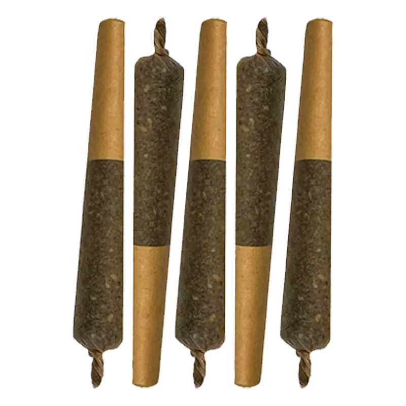 Top-down view of five Trop Cherry Infused PR 5 x 0.5 g pre-rolls in brown paper with twisted tips, evenly spaced on white.