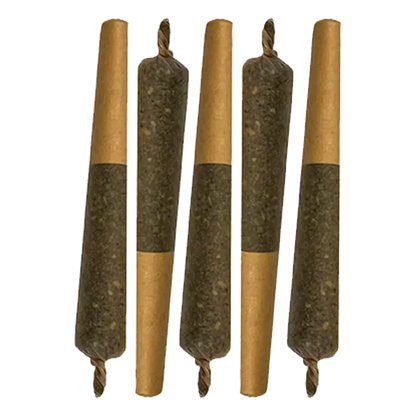 Top-down view of five Trop Cherry Infused PR 5 x 0.5 g pre-rolls in brown paper with twisted tips, evenly spaced on white.