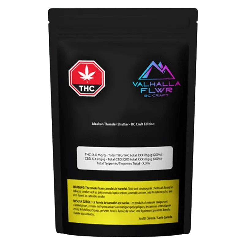 Front view of the Alaskan Thunder Shatter packaging, a dark container with white and blue lettering and a cannabis leaf logo.