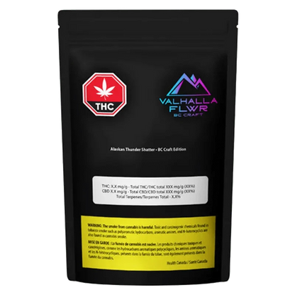Front view of the Alaskan Thunder Shatter packaging, a dark container with white and blue lettering and a cannabis leaf logo.