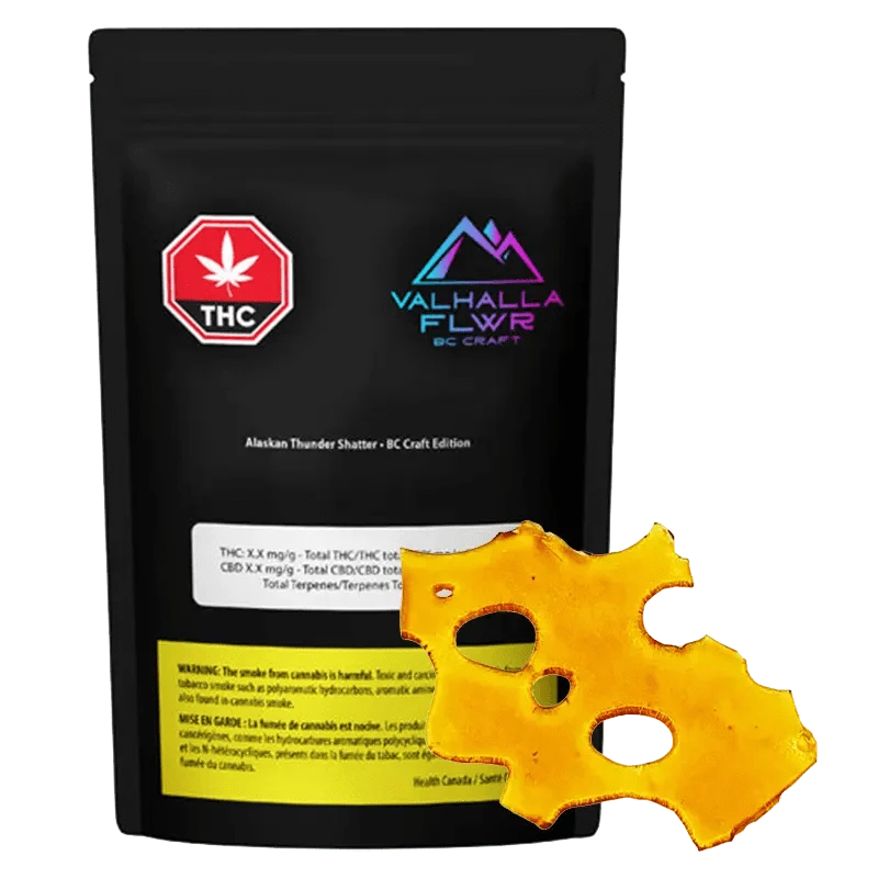 Close-up of the Alaskan Thunder Shatter packaging with a bold logo and cannabis leaf against a dark background.