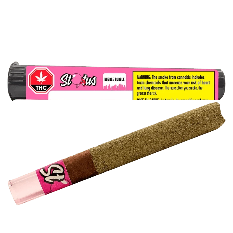 A close-up of the Bubble Bubble Liquid Diamond Infused Kief Coated Blunt, with a warning label and logo against a dark background.
