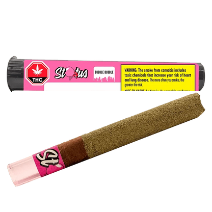 A close-up of the Bubble Bubble Liquid Diamond Infused Kief Coated Blunt, with a warning label and logo against a dark background.