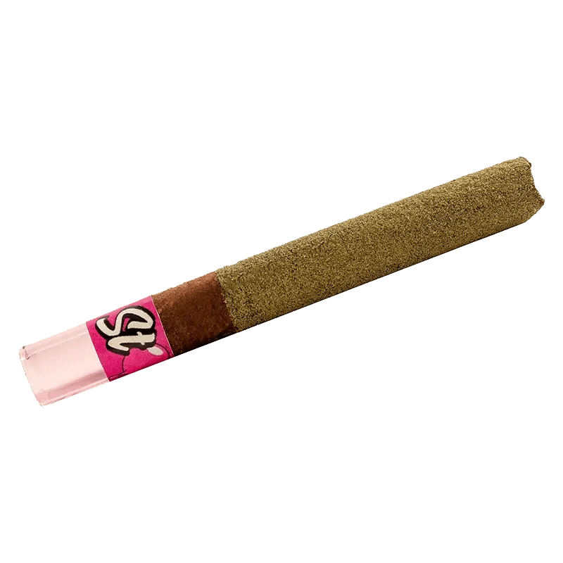 A close-up, angled view of the Bubble Bubble Liquid Diamond Infused Kief Coated Blunt, displaying its textured, cylindrical shape.