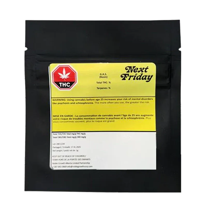 Front-facing shot of a black pouch with a yellow label reading Next Friday and G.A.S. Rosin centered beneath a red THC symbol.