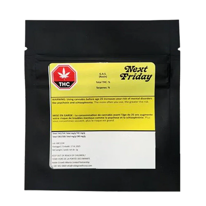 Front-facing shot of a black pouch with a yellow label reading Next Friday and G.A.S. Rosin centered beneath a red THC symbol.