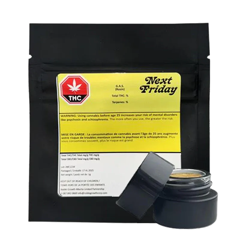 Front view of the black pouch with a yellow "Next Friday" label and a small open jar of G.A.S. Rosin placed at its lower right.