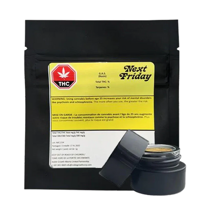 Front view of the black pouch with a yellow "Next Friday" label and a small open jar of G.A.S. Rosin placed at its lower right.