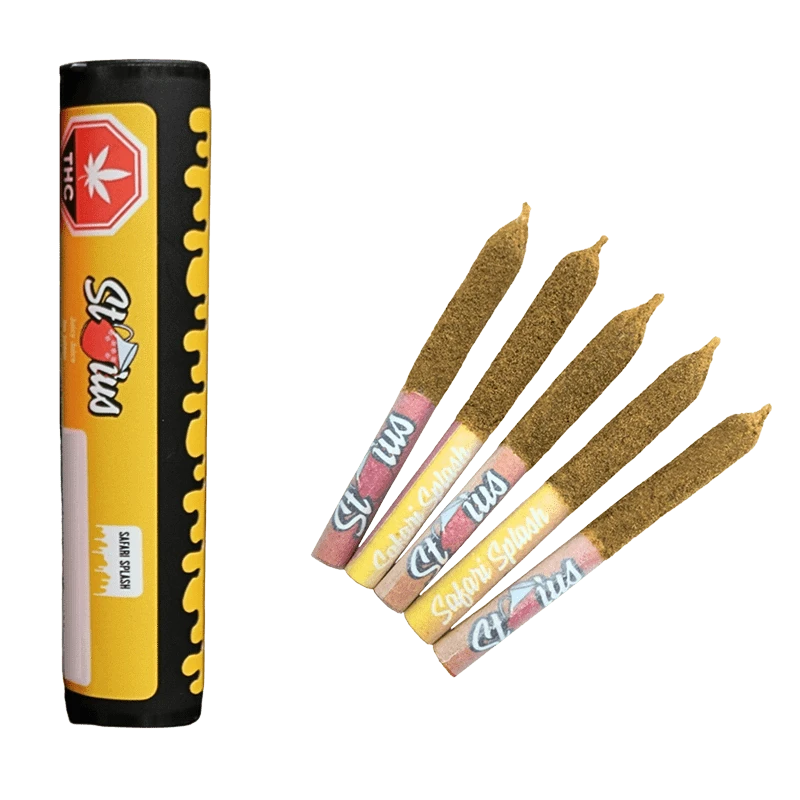 Angled view of five kief-coated Safari Splash Liquid Diamond Kief Coated Infused PR 5 x 0.25 g pre-rolls fanned beside their yellow and black cylindrical tube.