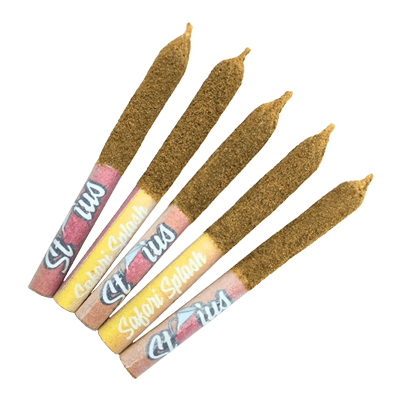 Angled top-down view of five gold-kief coated Safari Splash Liquid Diamond Kief Coated Infused PR 5 x 0.25 g pre-rolls fanned on a transparent background
