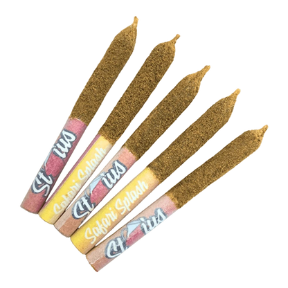 Angled top-down view of five gold-kief coated Safari Splash Liquid Diamond Kief Coated Infused PR 5 x 0.25 g pre-rolls fanned on a transparent background