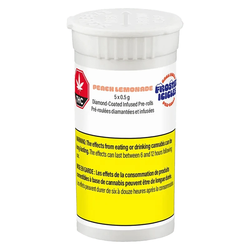 Frosted Icicles Peach Lemonade Infused Pre Rolled 5 x 0.25 g package displayed against a black background with a vibrant label design.