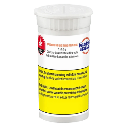 Frosted Icicles Peach Lemonade Infused Pre Rolled 5 x 0.25 g package displayed against a black background with a vibrant label design.