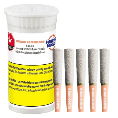 Front view of the Frosted Icicles Peach Lemonade Infused Pre Rolled packaging, displaying a colorful label with product details.