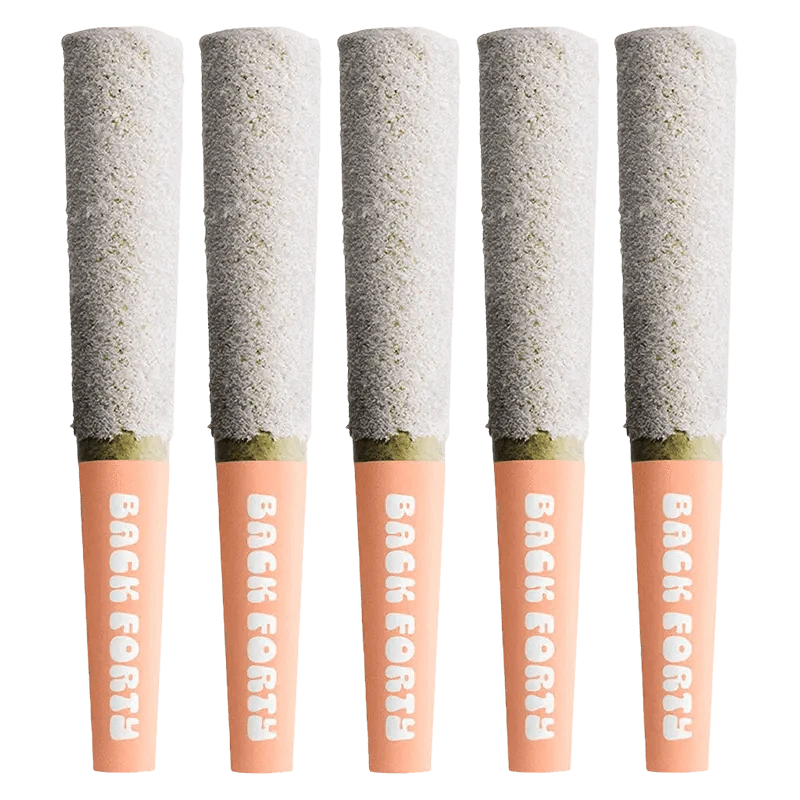 A studio shot displays five Frosted Icicles Peach Lemonade Infused Pre Rolled cartridges, each with a frosted white casing.
