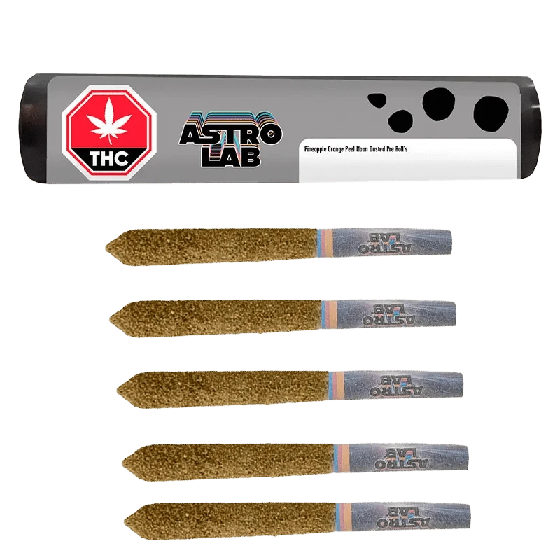 Front view of the Pineapple Orange Peel Moon Dusted Infused Pre Rolled 5 x 0.5 g pre-rolls arranged against a black background.