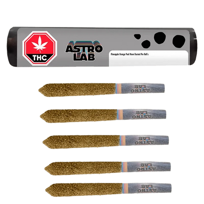 Front view of the Pineapple Orange Peel Moon Dusted Infused Pre Rolled 5 x 0.5 g pre-rolls arranged against a black background.