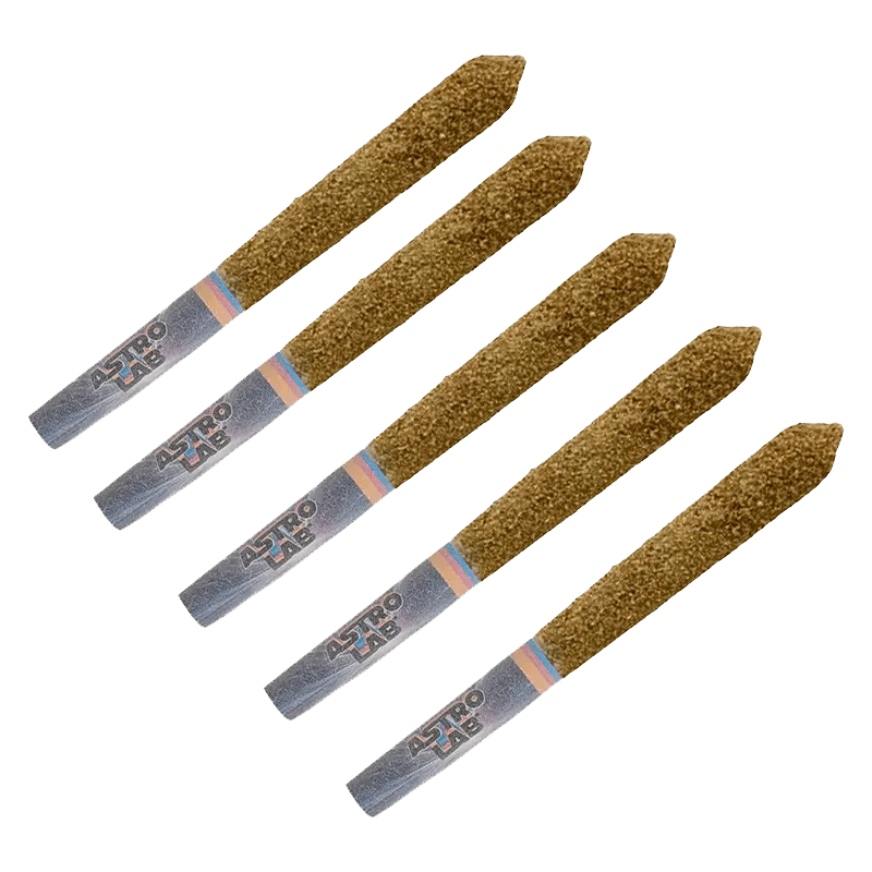 A studio shot showcases the Pineapple Orange Peel Moon Dusted Infused Pre Rolled 5 x 0.5 g, arranged as five individually packaged portions against a clean white background.
