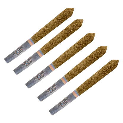 A studio shot showcases the Pineapple Orange Peel Moon Dusted Infused Pre Rolled 5 x 0.5 g, arranged as five individually packaged portions against a clean white background.
