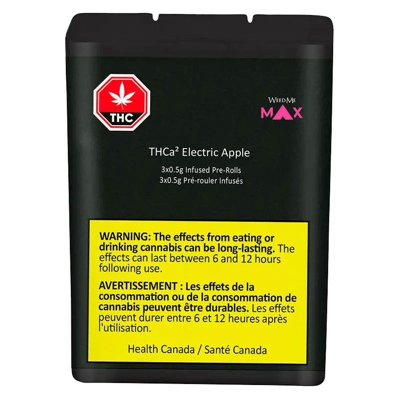 Front-facing image of the THCa Electric Apple Infused PR 3 x 0.5 g black pouch with white text and a prominent yellow Health Canada warning panel.