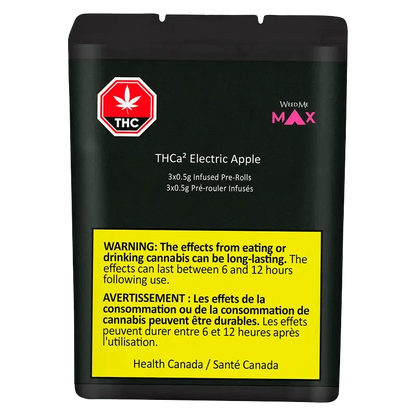 Front-facing image of the THCa Electric Apple Infused PR 3 x 0.5 g black pouch with white text and a prominent yellow Health Canada warning panel.