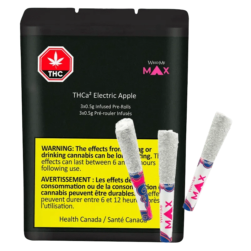 Front-facing shot of the THCa Electric Apple Infused PR 3 x 0.5 g black pack with three sugar-coated pre-rolls propped against it.