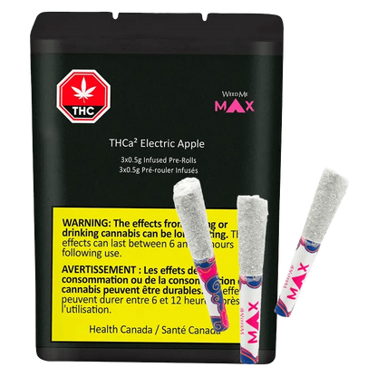 Front-facing shot of the THCa Electric Apple Infused PR 3 x 0.5 g black pack with three sugar-coated pre-rolls propped against it.