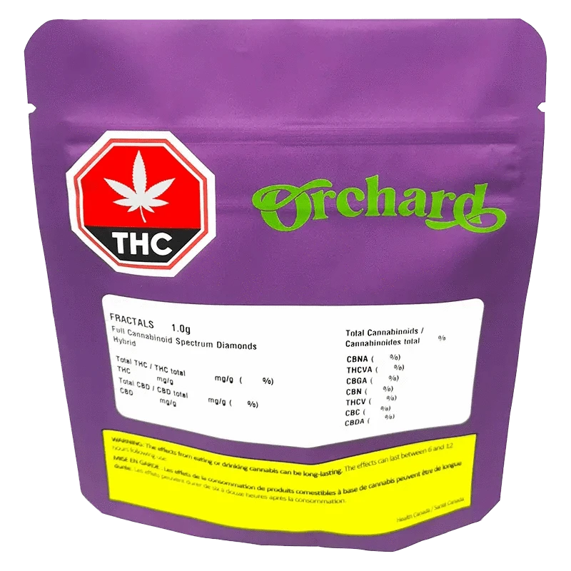 Front-facing shot of a purple pouch labeled Orchard Fractals Full Cannabinoid Spectrum Diamond with white info and a red THC octagon.