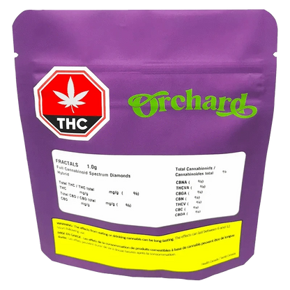 Front-facing shot of a purple pouch labeled Orchard Fractals Full Cannabinoid Spectrum Diamond with white info and a red THC octagon.