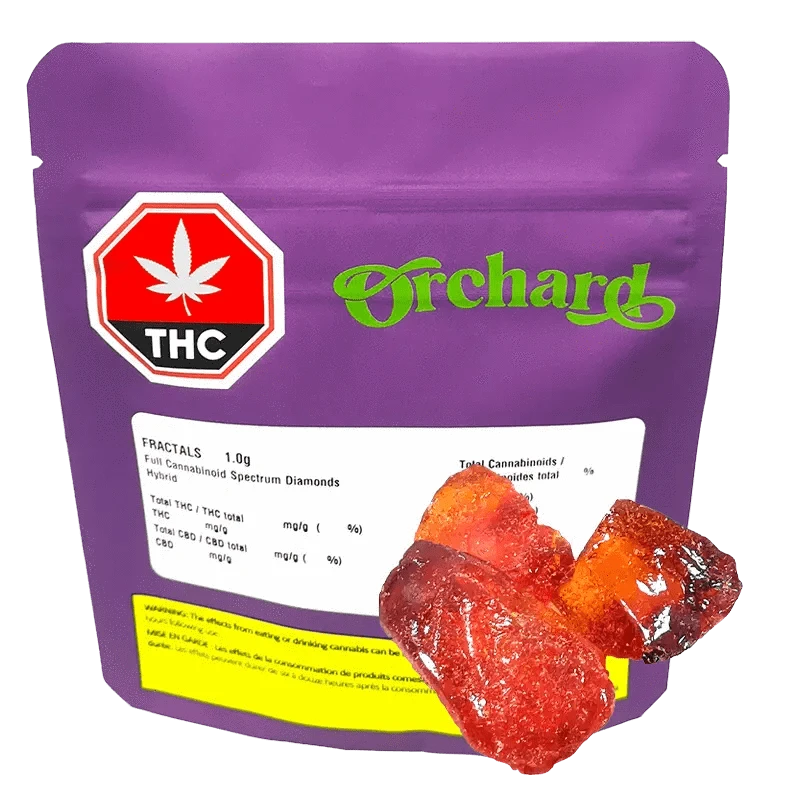 Front-facing shot of a purple pouch labeled Orchard containing Fractals Full Cannabinoid Spectrum Diamond with glossy red-orange crystalline pieces in front.