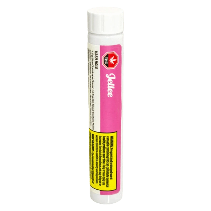 Tall front view of a white-and-pink tube labeled Hash Hole Infused PR 1 x 2 g standing upright on a plain background.