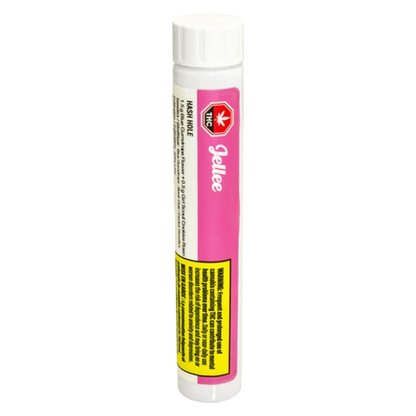 Tall front view of a white-and-pink tube labeled Hash Hole Infused PR 1 x 2 g standing upright on a plain background.