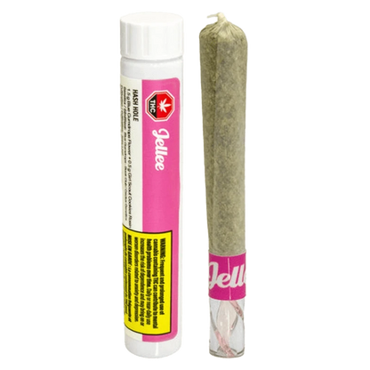Straight-on view of a pre-rolled joint standing next to its white and pink tube labeled "Hash Hole Infused PR 1 x 2 g."