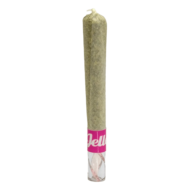 Vertical front view of a rolled joint with a pink label reading "Jelly", titled Hash Hole Infused PR 1 x 2 g, shown against a plain white background