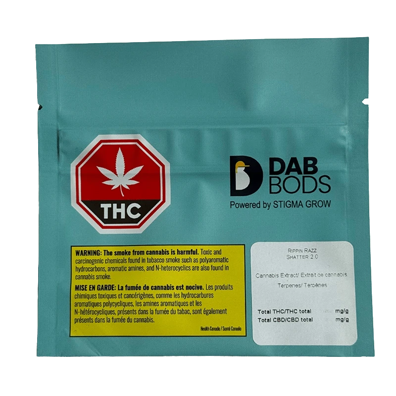 Front-facing teal pouch labeled "Rippin Razz 2.0" with a red THC stop sign and Dab Bods logo on the upper right.
