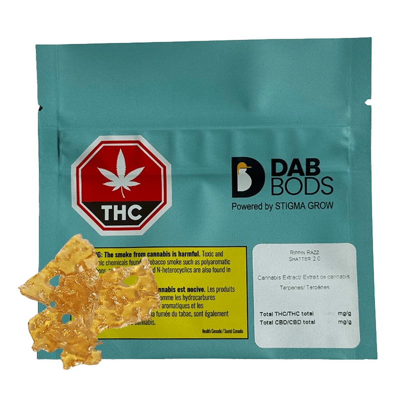 Front-facing teal pouch labeled "Rippin Razz 2.0" from Dab Bods, photographed against a white background with amber shatter pieces in the lower left.