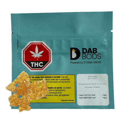 Front-facing teal pouch labeled "Rippin Razz 2.0" from Dab Bods, photographed against a white background with amber shatter pieces in the lower left.