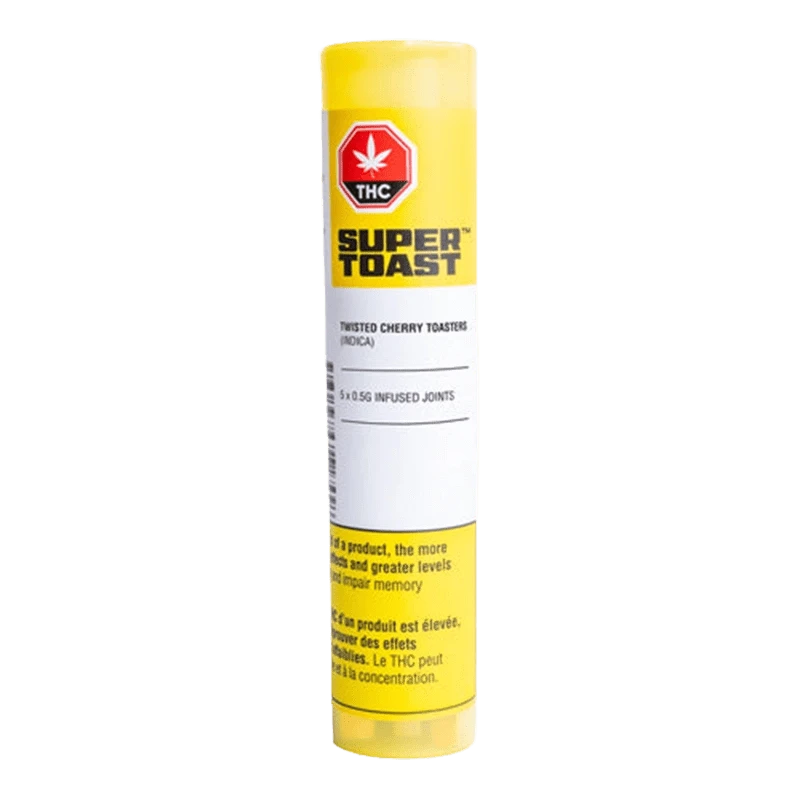 Upright product shot of a yellow tube labeled "Twisted Cherry Toasters Infused PR 5 x 0.5 g" with bold "SUPER TOAST" branding and a red THC symbol.