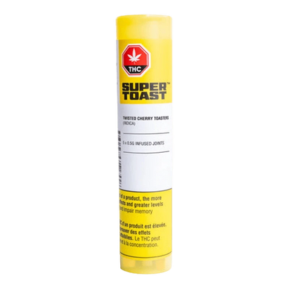Upright product shot of a yellow tube labeled "Twisted Cherry Toasters Infused PR 5 x 0.5 g" with bold "SUPER TOAST" branding and a red THC symbol.