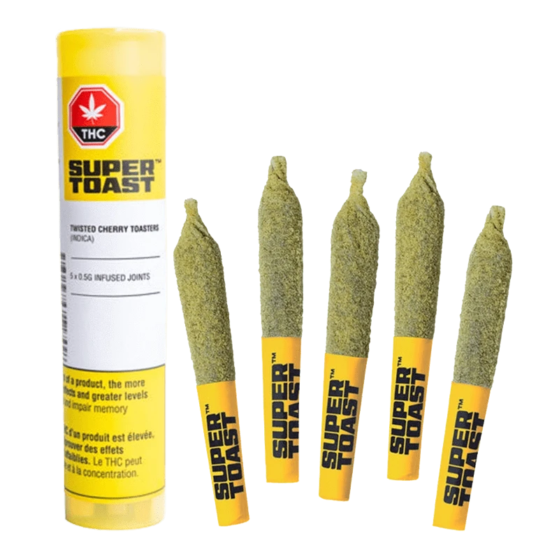 Five angled Twisted Cherry Toasters Infused PR 5 x 0.5 g joints with yellow Super Toast branded tips displayed next to a tall yellow Super Toast Twisted Cherry Toasters Infused PR 5 x 0.5 g tube.