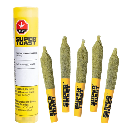 Five angled Twisted Cherry Toasters Infused PR 5 x 0.5 g joints with yellow Super Toast branded tips displayed next to a tall yellow Super Toast Twisted Cherry Toasters Infused PR 5 x 0.5 g tube.