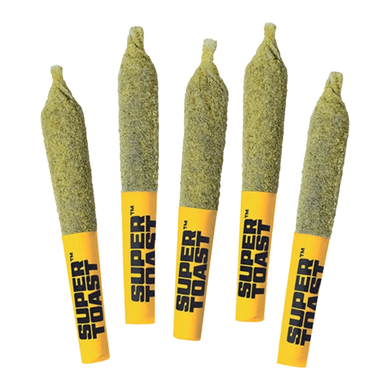 Top-down view of five green Twisted Cherry Toasters Infused PR 5 x 0.5 g pre-rolls with yellow "SUPER TOAST" tips.